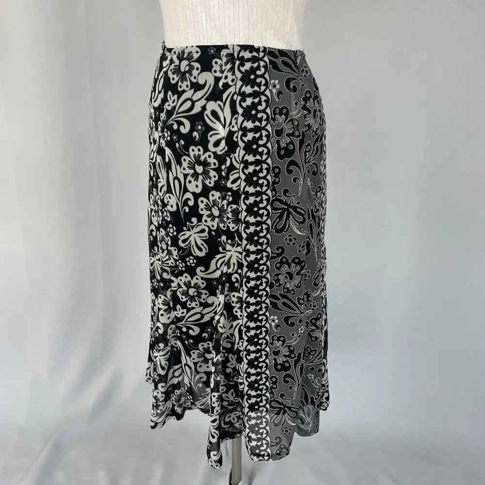 Y2K Midi Skirt Size 12 Black Gray Floral Boho Flare Chiffon Fairy Whimsigoth Vtg